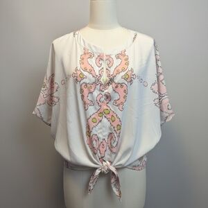 Elegant Pink and White Blouse with Knot Detail